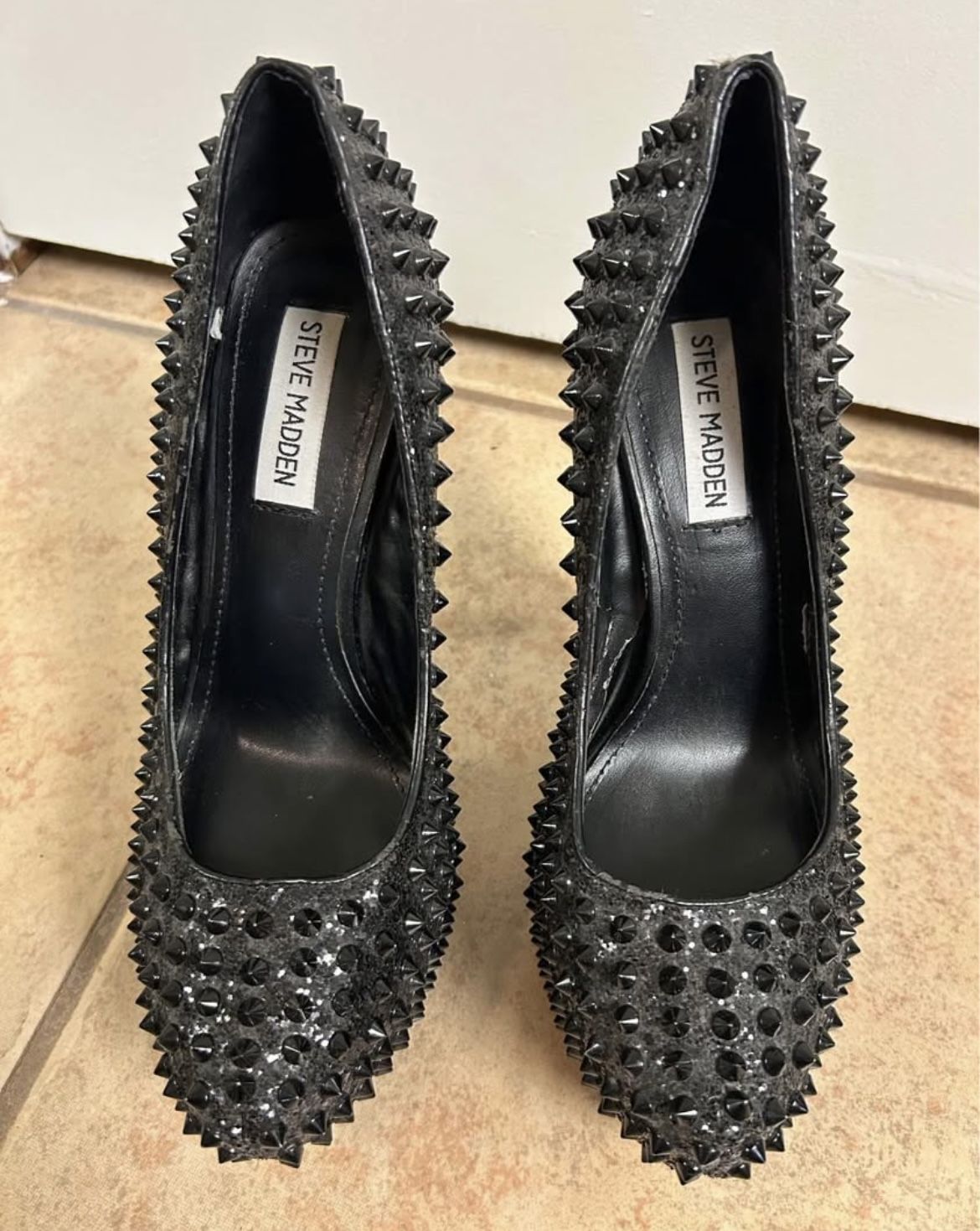 Steve Madden black glitter spike heels