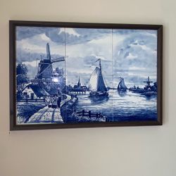 Antique 3x2 Framed Delft Blue Tile Art – Handpainted Sailboats & Windmill Scene – Made in Holland 