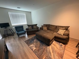 Gray-Brown Chenille Sectional + Oversized Ottoman & Pillows