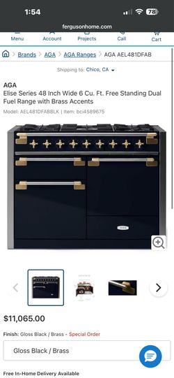 AGA Elise Series 48 Inch Wide 6 Cu. Ft. Free Standing Dual Fuel Range with Brass Accents Model: AEL481DFABBLK