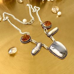 Dendrite Opal, Biwa Pearl And Baltic Amber 925 Sterling Silver Overlay Necklace