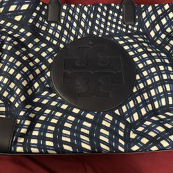 Tory Burch Ella Printed Tote Bag, Dark Blue Navy Warped Gingham