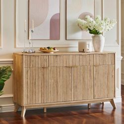60" Buffet Sideboard Cabinet, Fluted Coffee Bar Table with 3 Drawers & 4 Doors, Modern Sideboard for Dining Room, Living Room, Natural Oak