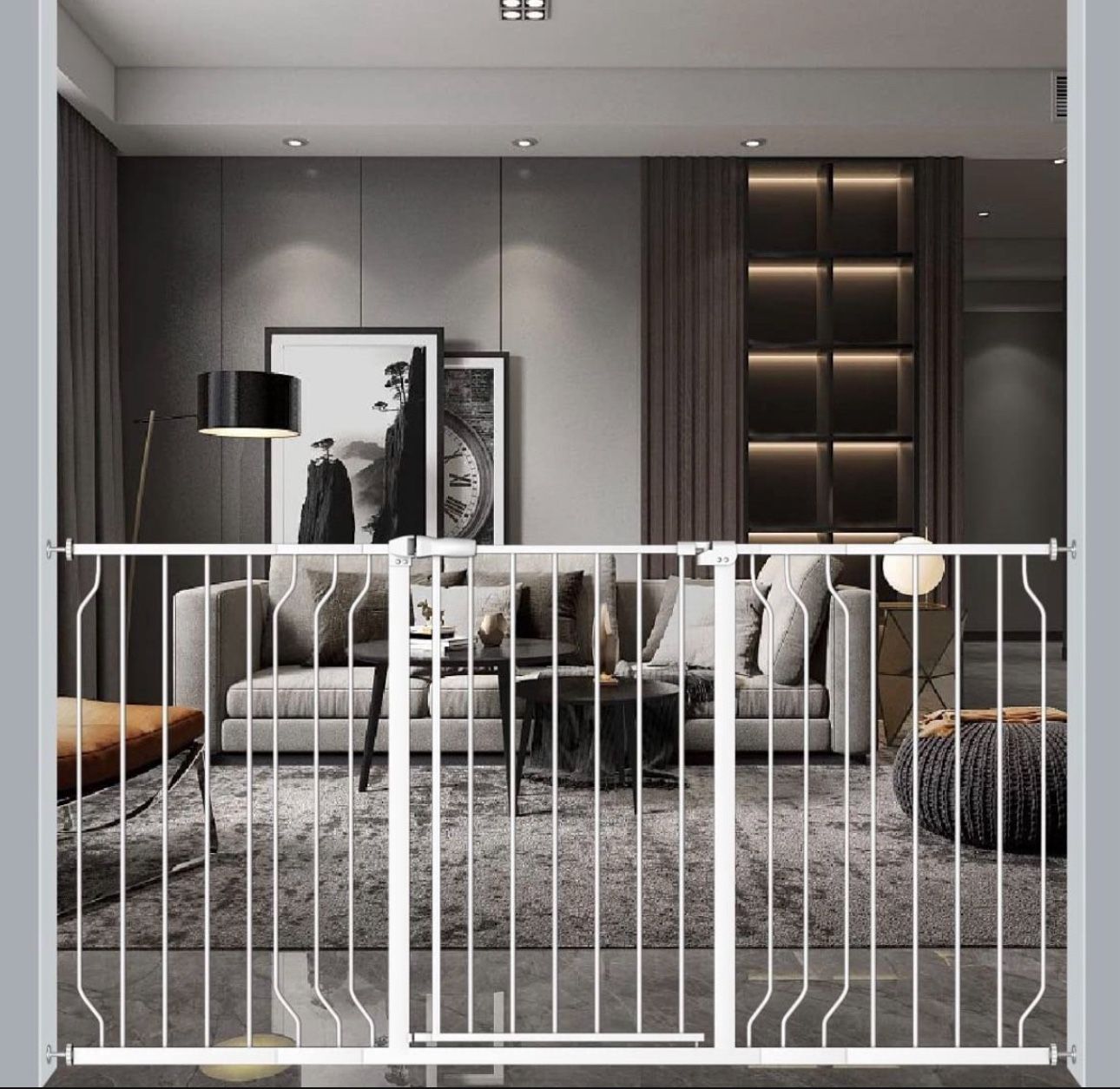 Extra Wide Tall Baby Gate 37.4" Pressure Mounted Dog Gate for The House Walk Through Swing Auto Close Safety Black White Metal Gate (52.76"-57.48")