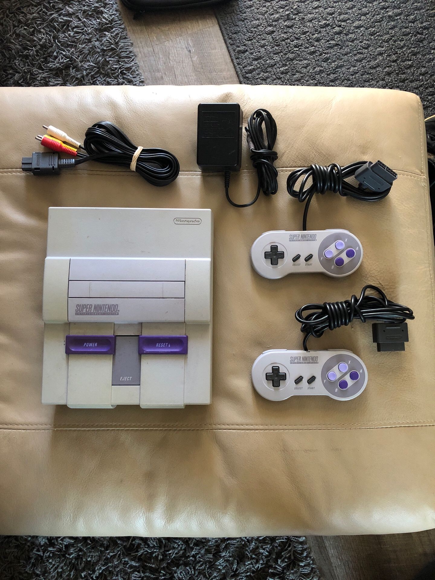 Super Nintendo console set w/ two controllers all original