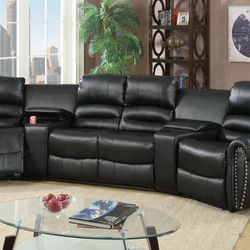 Brand New Black Leather Reclining Sectional Sofa