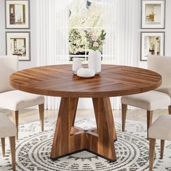 47 inch Round Dining Table Wood Kitchen Table for Dining Room, 47" Dinner Room Tables for 4-6, Farmhouse Accent Furniture with Wooden Tabletop and Cro