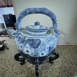 Blue And White Kettle Collection With Antique Base