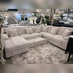 BEIGE LHF Jumbo corduroy  U-Shaped Pull Out Sectional Sofa w/ Storage Chaise + Pillows