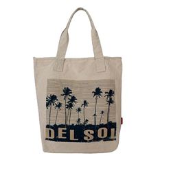 DEL SOL Tote Shopping Beach Bag Ivory Canvas Palm Trees, 