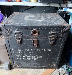 vintage metal/ metal-clad military chest (probably a duffel box or a transportation case of the US Army in the middle of the XX century