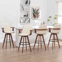 Bar Stools Set of 4 - 29.1 inch Mid Century Bar Stools with Walnut Craftsmanship, Curved Back and Arms, Upholstered Seat, Kitchen Island Stools for Ba