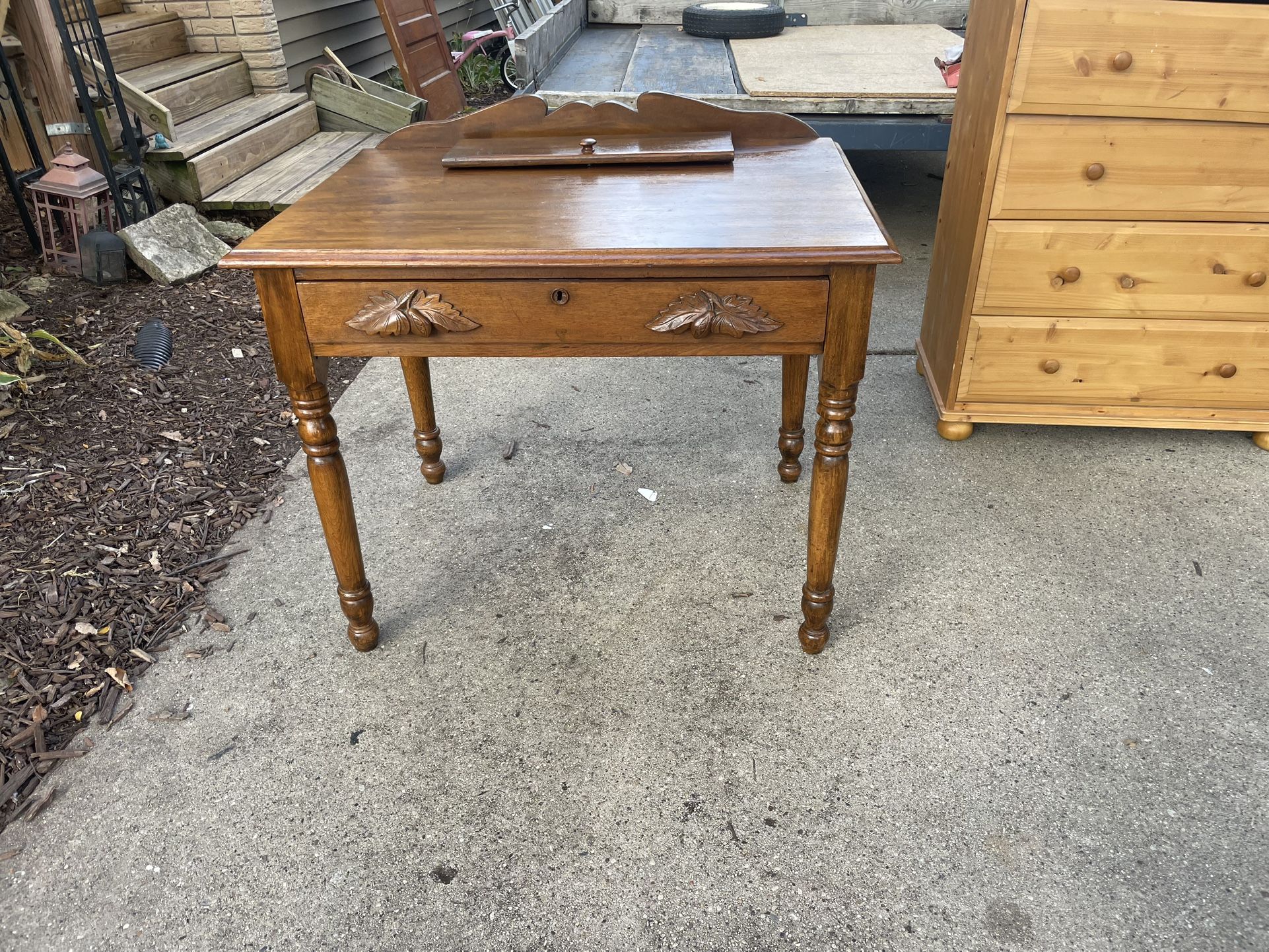 Antique Ornate Wooden Oak Side Table, w/Drawer & Top Drop Drawer, 36w, 26 deep, 29 high, $75