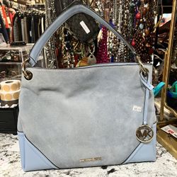 Michael Kors Nicole Medium Leather Suede Shoulder Handbag (Light Skyblue)