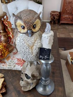 Halloween Owl on Skull Figurine with Candle