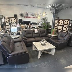 3 Pieces Dark Brown Breathable Air Leather Manual Recliner Sofa Set