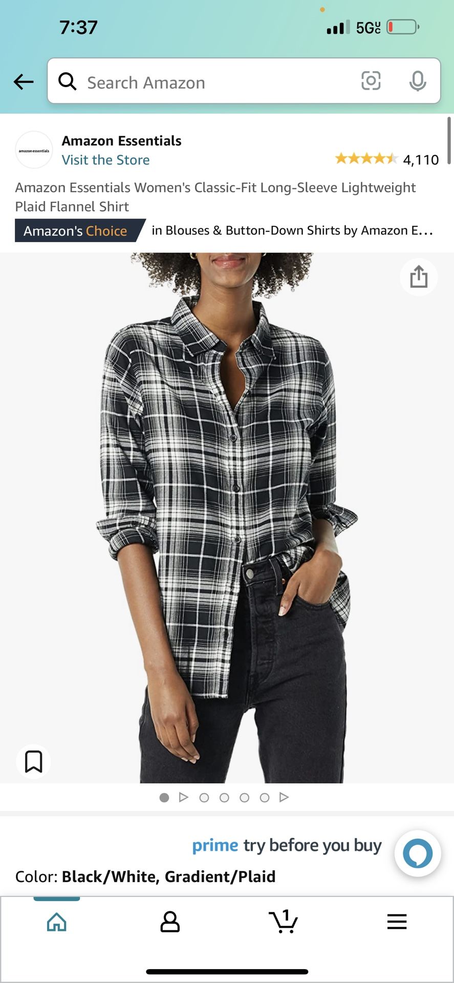 Amazon Essentials Women's Classic-Fit Long-Sleeve Lightweight Plaid Flannel Shirt
