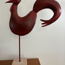 Large Red Rooster Metal Art Sculpture Statue Stone Base 34”