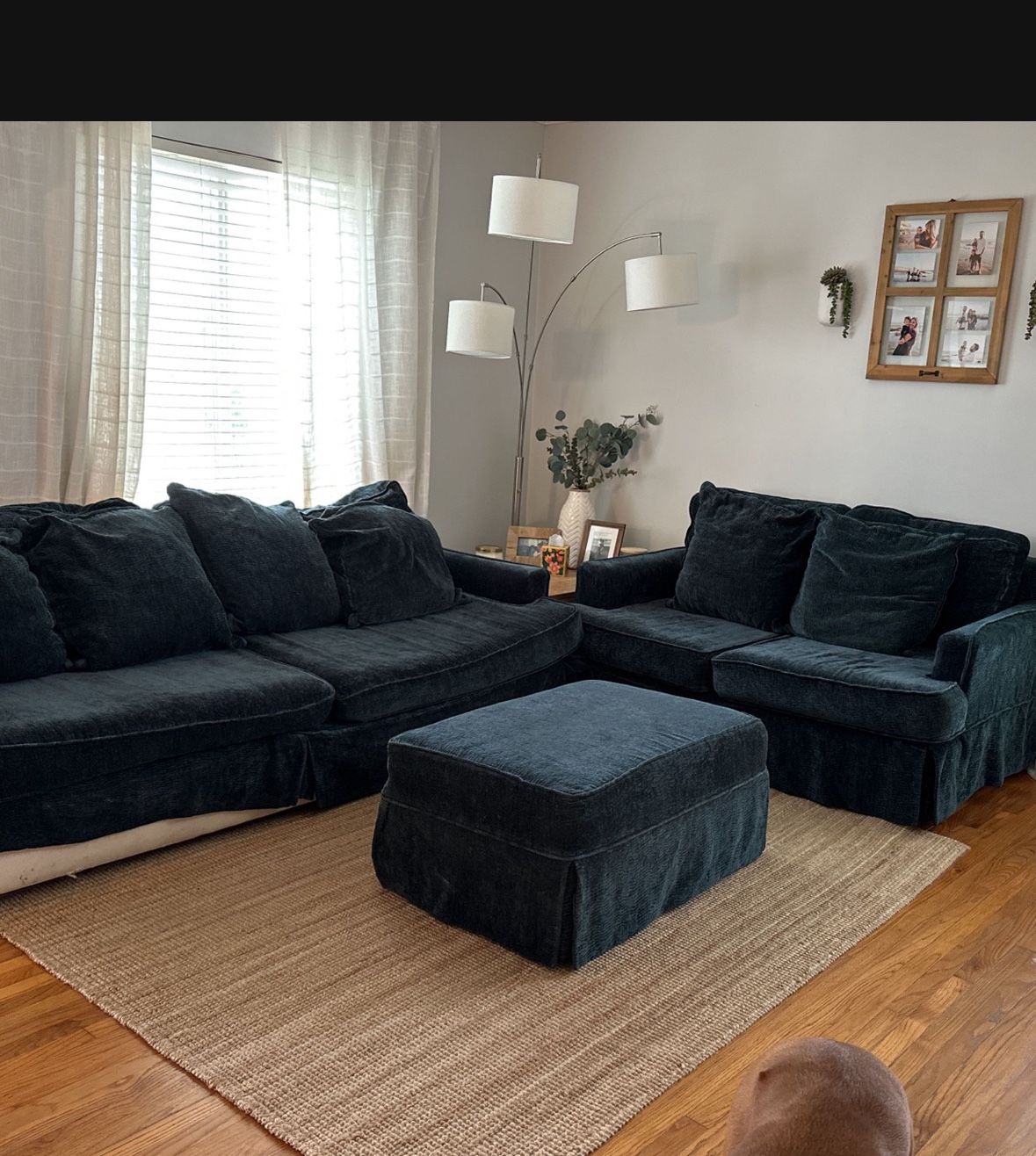 Custom Navy Couch, Love Seat, And Ottoman Set