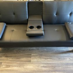 Black PU Sofa Bed Faux Convertible Folding Sofa with 2 Cup Holders 👍FREE FINANCING AVAILABLE❗NO CREDIT CHECK❗ 