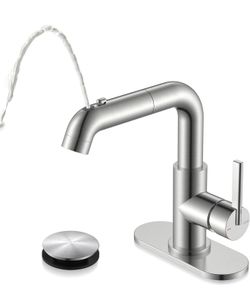 KENES Single Hole Bathroom Faucet with Pull Out Sprayer, Brushed Nickel Single Handle Pull Down Bathroom Faucets, Vanity Faucet with Pop Up Drain & De