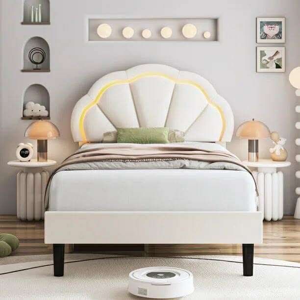 Twin Size Velvet Upholstered Platform Bed with Adjustable Headboard and LED Bed Frame, Lights Seashell Bed for Kids Girls, Off-White