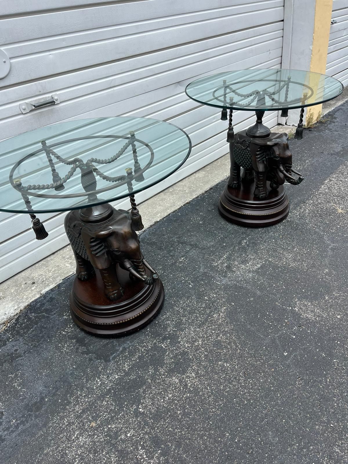 Pair Of Erin Lane Good luck, heavy Elephant side t a b l e s with glass top- $200 each