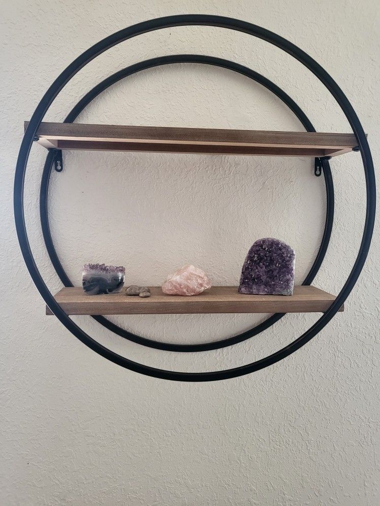 Pinnacle Grey 24 Inch Wood Floating Shelf With Rose Quartz And Amethyst Crystals And Petoskey Stones