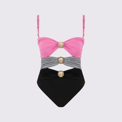 Pink Black Gray One Piece Bathing Suit 