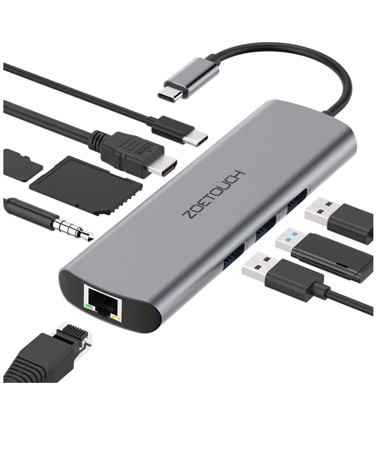 ZOETOUCH USB C Hub Adapter,USB C to HDMI HUB 9-in-1 Type C Hub with 4K (Grey)