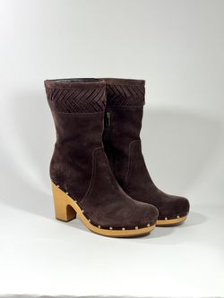 UGG Annaliza Chocolate Brown Suede Boots Women Size 11-12 Wooden Heels Studs Floral Lining