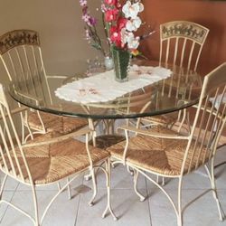 Glass Dining Table w/ 4 Rattan Iron Chairs
