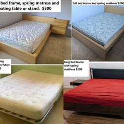 ($200-$300 each) King+queen+full bed frame, headboard, slats, firm spring mattress Ikea/futon/Sealy posturepedic/etc
