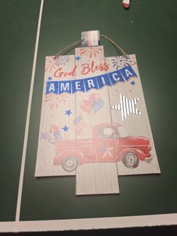 Patriotic 4th of July Red Truck Hanging Sign - 14x9"