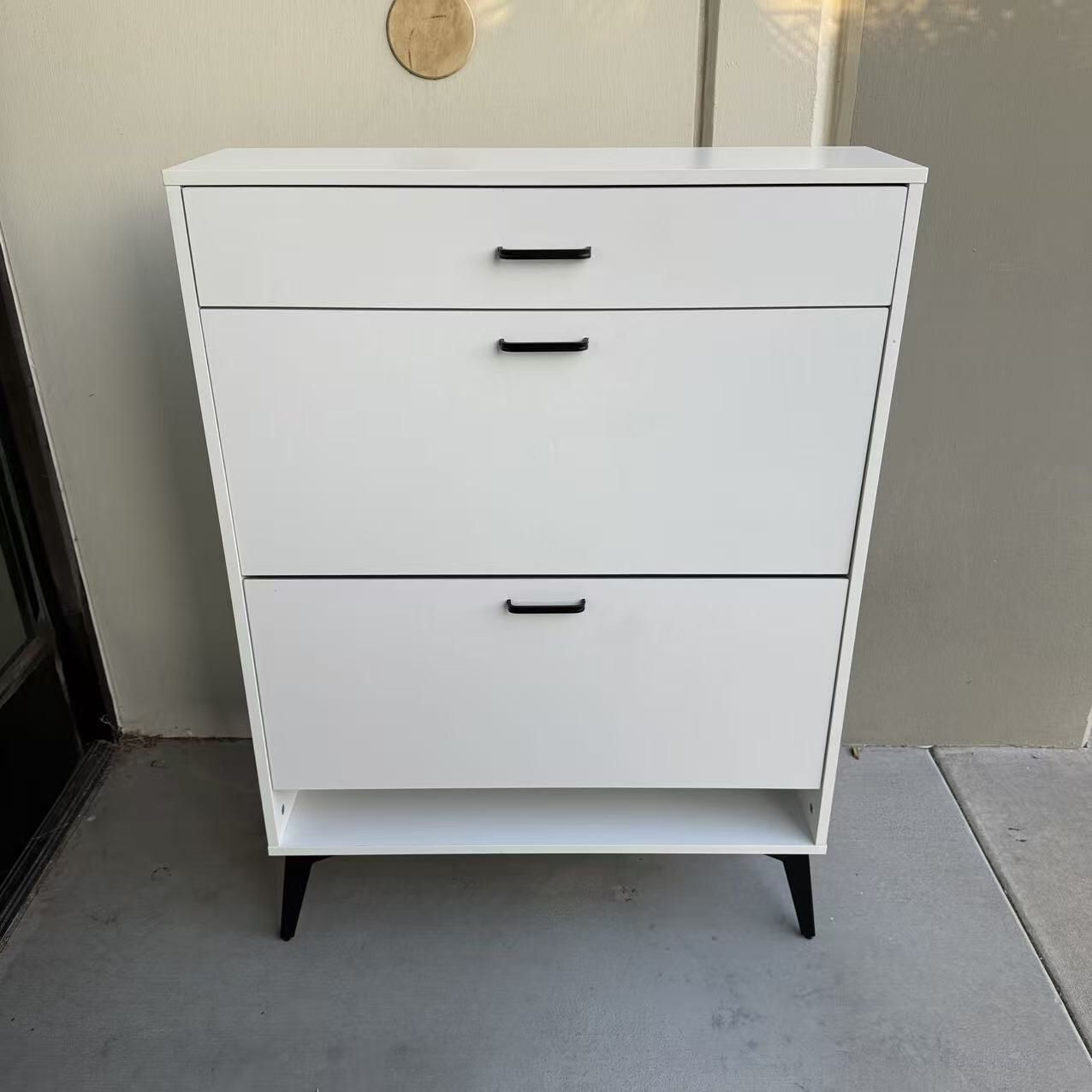 New In Box 32x10x44 Inch Tall Heavy Duty Material Shoe Storage Shelf White Cabinet With Double Fold Down Drawer Organizer