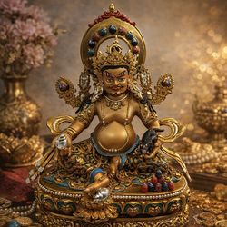 Handcrafted Yellow Jambhala Buddha Statue – 5.11” Copper Tibetan Wealth Deity Figuri