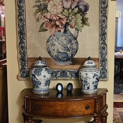 Solid Wood Console With Tapestry And Jardiniere Planter/Bowl Seen On Bottom Of Console. 