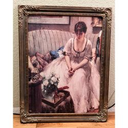 Vintage Baroque Frame Art Painting Oil Fernand Toissaint Femme Bouquet 21” x 27” Gilded Vintage