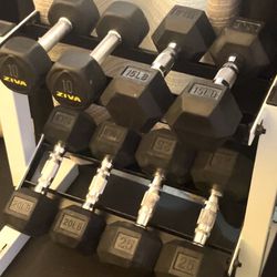 10-25 Lb Rubber Hex Dumbbell Set With Rack