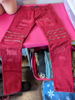Red Distressed Moto Jeans with Zippers