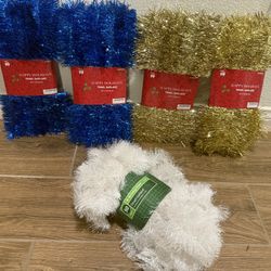 Tinsel garland Christmas holiday Decorations Brand New White Gold Blue