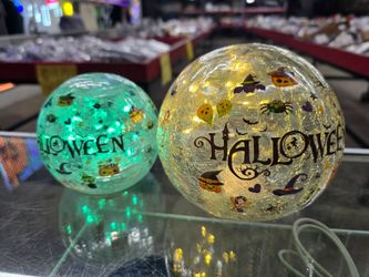 2Pk Halloween Crackle Glass Globe LED Lighted Tabletop Decor Ghost Bat Skeleton Cat