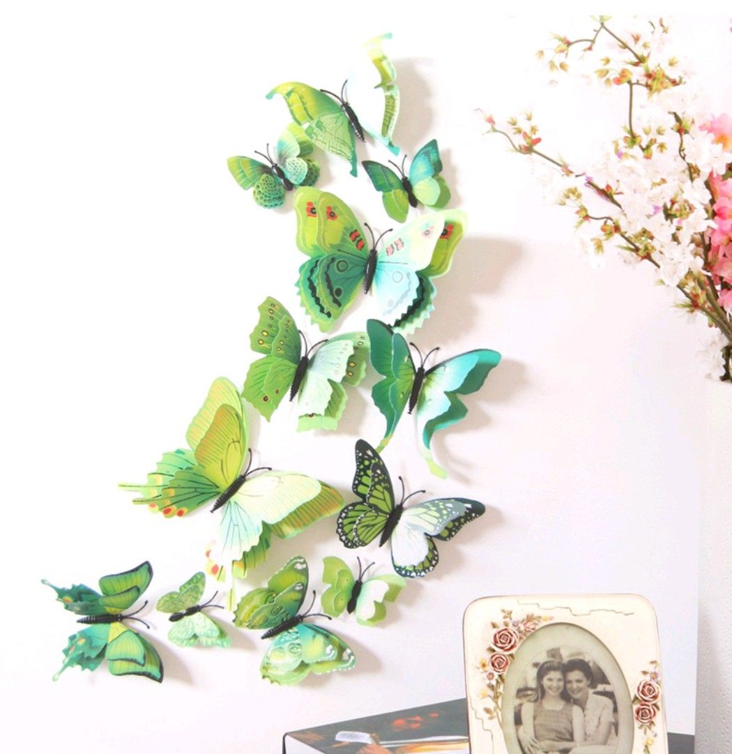 12pcs GREEN 3D Bright Color Butterflies Home Office Wall Decor DIY 3D Stickers