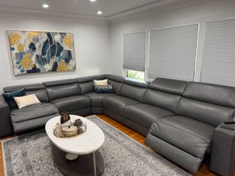 Large Gray Leather Sectional Sofa with Recliners