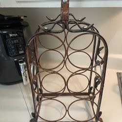 Freestanding Wrought Iron Vintage Stiched Leather Themed Wine Rack holds 6 bottles