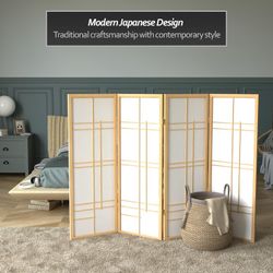 Red Lantern 4 Panel Room Divider, Natural Wood and Rice Paper, 70 W x 48 H
