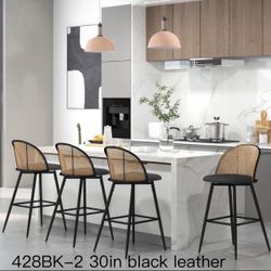 Bar Stools Set of 4 Rattan Swivel 29" Height Barstools for Kitchen Counter Island Mid Century Modern Boho Bar Stool Chairs with Metal Legs Woven Stool