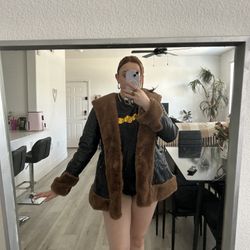 Women’s Black And Brown Teddy Leather Jacket 