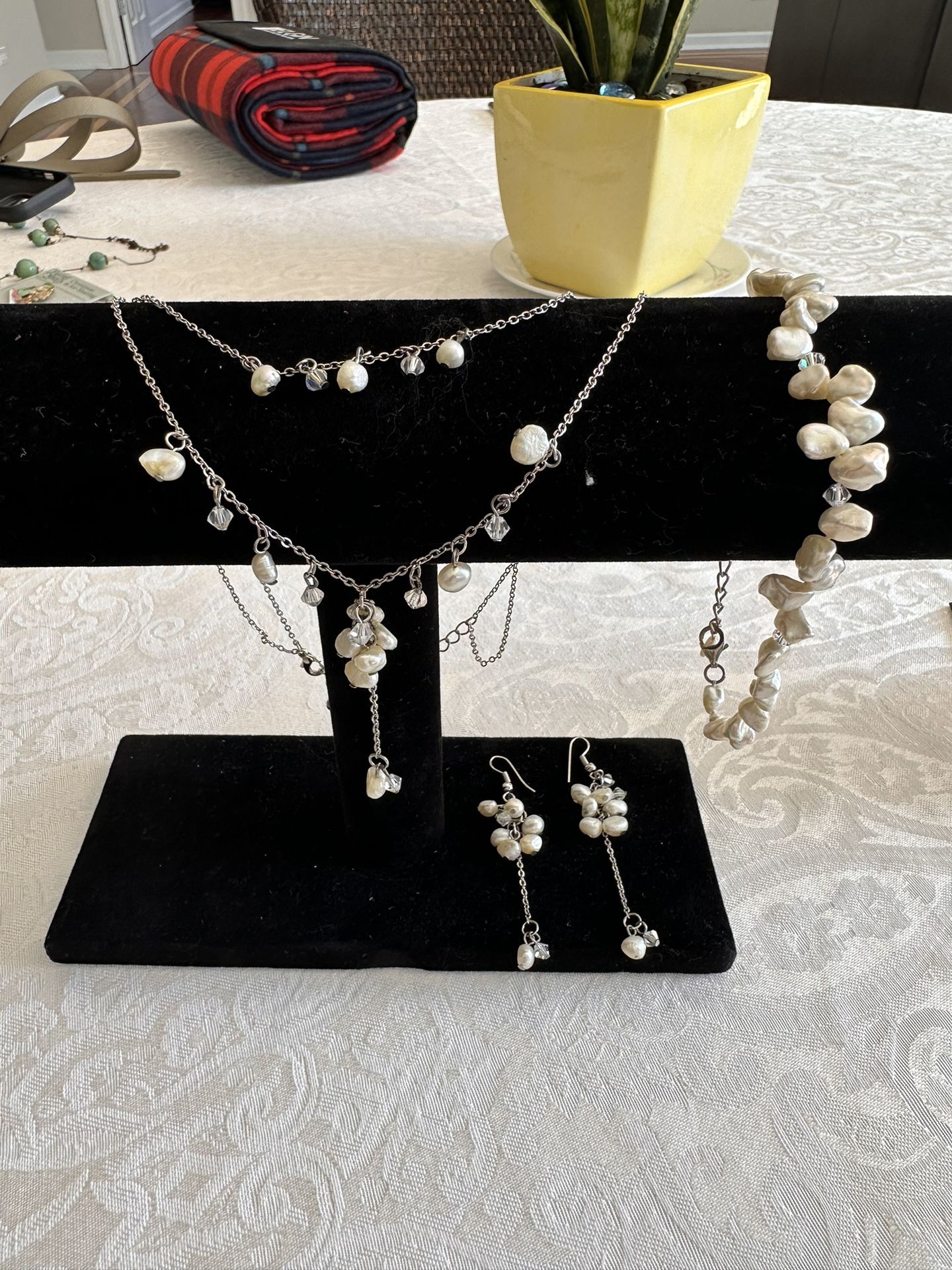Pearl Necklace, Anklet, Earring Set