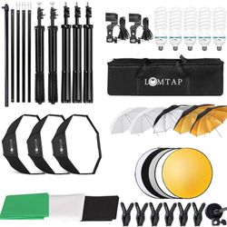LOMTAP Backdrop Stand Green Screen Photography Lighting Kit 3 Soft Boxes 5 Photo Umbrellas 5in1 Reflector Accessories for Video Equipment Studio Light